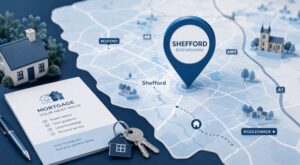 Mortgage Broker in Shefford location map with house keys, mortgage documents and local Bedfordshire landmarks.