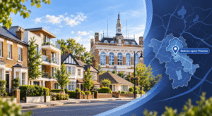 Mortgage Broker in Staines-Upon-Thames hero image showing a Surrey street scene with mixed property types, a local landmark, and a branded location map with pin icon.