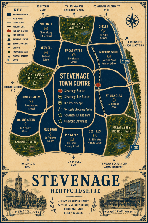 Mortgage Broker in Stevenage Vintage illustrated map poster of Stevenage, Hertfordshire, with a cream parchment background and dark navy neighbourhood areas centred on Stevenage Town Centre. The map shows labelled roads, railway line, Stevenage Station, Stevenage Bus Station, bus interchange, shopping centre, schools, churches, parks, green spaces and water features. Surrounding areas include Shephall, Bedwell, Broadwater, Chells, Martins Wood, St Nicholas, Six Hills, Pin Green, Old Town, Longmeadow and Symonds Green. Key landmarks include Westgate Shopping Centre, Stevenage Leisure Park, Cineworld Stevenage, Stevenage Old Town, Fairlands Valley Park, Penny’s Wood Country Park and Great Ashby District Park. A decorative lower panel reads “STEVENAGE, HERTFORDSHIRE” with engraved-style illustrations of Stevenage Old Town and Westgate Shopping Centre, plus the subtitle “A town of opportunity with community spirit, heritage and green spaces.”