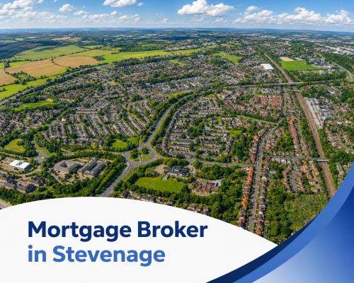 Promotional graphic for a mortgage broker in Stevenage, featuring a bright summer aerial view of the town with residential neighbourhoods, roads and green spaces under a blue sky with realistic clouds. A curved white banner overlays the lower part of the image, with the title “Mortgage Broker in Stevenage” shown in two branded blue tones, alongside sweeping blue accent shapes on the right. Mortgage Broker in Stevenage