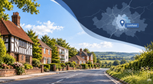Mortgage Broker in Uckfield hero image showing a Uckfield street scene with varied homes, rolling East Sussex countryside, and a location map pin labelled Uckfield.