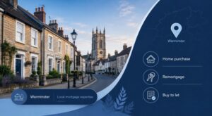 Mortgage Broker in Warminster with local homes, town architecture and mortgage service icons