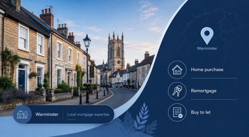Mortgage Broker in Warminster with local homes, town architecture and mortgage service icons