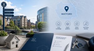 Mortgage Broker in Watford with local homes, Watford landmarks, mortgage guidance documents and house keys.