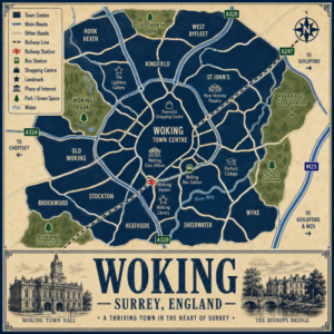 Mortgage Broker in Woking Vintage illustrated map poster of Woking, Surrey, with a cream parchment background and dark navy neighbourhood areas centred on Woking Town Centre. The map shows labelled roads, railway line, Woking Station, Woking Bus Station, parks, green spaces and the River Wey. Surrounding areas include Hook Heath, Goldsworth Park, West Byfleet, Kingfield, St John’s, Old Woking, Brookwood, Heathside, Sheerwater, Pyrford, Wyke and Mayford. Key landmarks include Woking Civic Offices, Peacocks Shopping Centre, New Victoria Theatre, The Lightbox Gallery, Woking Library, Pyrford College, Hoebridge Golf Centre, Woking Park, Pyrford Common and Brookwood Country Park. A decorative lower panel reads “WOKING, SURREY, ENGLAND” with engraved-style illustrations of Woking Town Hall and The Bishops Bridge, plus the subtitle “A thriving town in the heart of Surrey.”