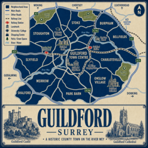 Mortgage Adviser in Guildford GU1 Vintage illustrated map poster of Guildford, Surrey, with a cream parchment background and dark navy neighbourhood areas centred on Guildford Town Centre. The map shows labelled roads, railway lines, Guildford Station, London Road station, parks, green spaces and the River Wey. Surrounding areas include Stoughton, Stoke, Burpham, Bellfields, Charlotteville, Onslow Village, Park Barn, Merrow, Shalford and Slyfield. Key landmarks include Guildford Castle, Guildford Cathedral, the University of Surrey, The Friary Shopping Centre, Dapdune Wharf, Stoke Park, Pewley Down and Merrow Downs. A decorative lower panel reads “GUILDFORD, SURREY” with engraved-style illustrations of Guildford Castle and Guildford Cathedral, plus the subtitle “A historic county town on the River Wey.”