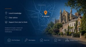 Mortgage Advisor in St Albans hero image featuring a local St Albans map, location pin, cathedral landmark and mortgage advice icons.