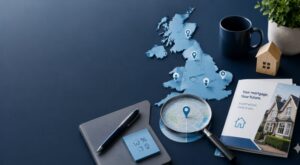 Mortgage Broker Near You search concept with a UK map, location pins, magnifying glass and house model.