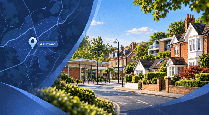 Mortgage Broker in Ashtead, Surrey, with local map pin and residential streetscape.