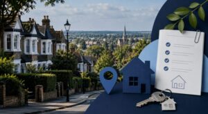 Mortgage Broker in Barnet with local homes, location pin, mortgage checklist and house keys.