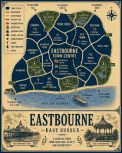 Mortgage Broker in Eastbourne Vintage illustrated map poster of Eastbourne, East Sussex, with a cream parchment background and dark navy neighbourhood areas centred on Eastbourne Town Centre. The map shows labelled roads, railway line, Eastbourne Station, Eastbourne Bus Station, shopping centre, schools, churches, parks, green spaces and the English Channel coastline. Surrounding areas include Langney, Stone Cross, Old Town, Westham, Roselands, Meads, Upperton, Seaford Head and Gildredge Park. Key landmarks include Eastbourne Pier, The Bandstand, The Beacon Shopping Centre, Devonshire Park Theatre, Congress Theatre, Royal Sussex County Hospital, St Mary’s Church, Princes Park, Sovereign Harbour, Willingdon Golf Club and Beachy Head. A decorative lower panel reads “EASTBOURNE, EAST SUSSEX” with engraved-style illustrations of Eastbourne Pier and The Bandstand, plus the subtitle “A coastal town with heritage, beauty and opportunity.”