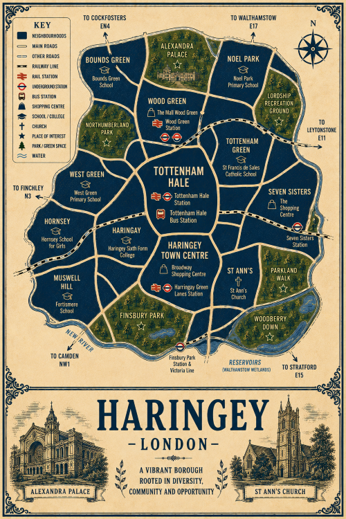 Mortgage Broker in Haringey Vintage illustrated map poster of Haringey, London, with a cream parchment background and dark navy neighbourhood areas centred around Tottenham Hale and Haringey Town Centre. The map shows labelled roads, railway lines, Underground stations, bus station, shopping centres, schools, churches, parks, green spaces, reservoirs and the New River. Surrounding areas include Wood Green, Alexandra Palace, Bounds Green, Tottenham Green, Seven Sisters, St Ann’s, Harringay, Hornsey, Muswell Hill, West Green and Noel Park. Key landmarks include Alexandra Palace, The Mall Wood Green, Broadway Shopping Centre, Seven Sisters Shopping Centre, Tottenham Hale Station, Harringay Green Lanes Station, Finsbury Park, Northumberland Park, Lordship Recreation Ground, Parkland Walk and Woodberry Down. A decorative lower panel reads “HARINGEY, LONDON” with engraved-style illustrations of Alexandra Palace and St Ann’s Church, plus the subtitle “A vibrant borough rooted in diversity, community and opportunity.”