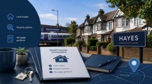 Mortgage Broker in Hayes location guide with Hayes homes, station signage, property keys and mortgage guidance icons.