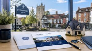 Mortgage Broker in Stowmarket with house model, mortgage documents and a view of the Suffolk town centre.