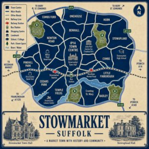Mortgage Broker in Stowmarket Vintage illustrated map poster of Stowmarket, Suffolk, with a cream parchment background and dark navy neighbourhood areas centred on IP14 Town Centre. The map shows labelled roads, railway lines, Stowmarket Station, Needham Market Road, bus station, parks, green spaces and the River Gipping. Surrounding areas include Combs Ford, Onehouse, Benhall, Stowupland, Combs, Little Finborough, Badley, Creeting St Mary, Temple Fields, Cedars Park, Pinehill Park and Newton Road. Key landmarks include Stowmarket Town Hall, the John Peel Centre for Creative Arts, Stowmarket High School, Stowmarket Leisure Centre, Stowmarket Community Woodland, Chilton Fields, Regent’s Meadow and Badley Meadow. A decorative lower panel reads “STOWMARKET, SUFFOLK” with engraved-style illustrations of Stowmarket Town Hall and Stowupland Hall, plus the subtitle “A market town with history and community.”