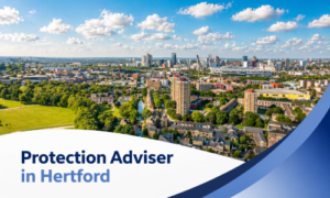 Promotional banner showing a sunny aerial view of Hertford with realistic white clouds, blue curved graphic accents, and the text “Protection Adviser in Hertford”.