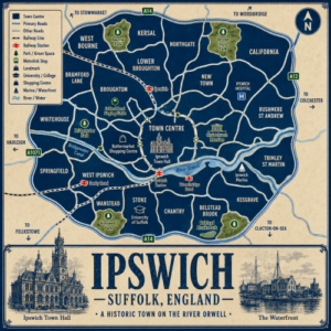 Mortgage Adviser in Ipswich Vintage illustrated map poster of Ipswich, Suffolk, with a cream parchment background and dark navy postcode-style areas centred on IP1 Town Centre. The map shows labelled roads, railway lines, Ipswich and Derby Road stations, bus routes, parks, green spaces and the River Orwell running through the lower half. Key landmarks include Ipswich Town Hall, the Buttermarket, Ipswich Crown Court, the University of Suffolk, the Waterfront, Christchurch Park, Holywells Park and Christchurch Mansion. A decorative lower panel reads “IPSWICH, SUFFOLK” with engraved-style illustrations of Ipswich Town Hall and Christchurch Mansion, plus the subtitle “A great town with a rich heritage by the Orwell.”