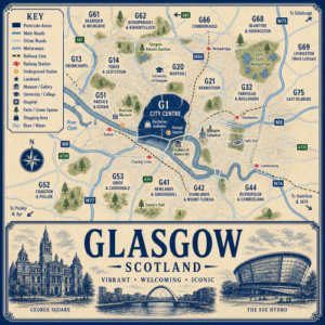 Mortgage Broker in Glasgow Illustrated blue and cream vintage-style map poster of Glasgow, Scotland, showing postcode areas including G1 City Centre, G20 Maryhill, G21 Dennistoun, G32 Parkhead and Barlanark, G41 Newlands and Giffnock, G42 Shawlands and Mount Florida, G44 Rutherglen and Cambuslang, G51 Partick and Govan, G52 Craigton and Pollok, G53 Ibrox and Cardonald, G61 Bearsden and Milngavie, and G62 Bishopbriggs and Kirkintilloch. The map includes major roads such as the M8, M74, M77, M80 and M73, railway lines, underground stations, the River Clyde, parks and landmarks including George Square, Buchanan Galleries, Glasgow Cathedral, the Gallery of Modern Art, University of Glasgow, Glasgow Botanic Gardens, Riverside Museum, Celtic Park, Queen’s Park and Seven Lochs Wetland Park. A large title panel at the bottom reads “GLASGOW SCOTLAND” with decorative illustrations of George Square, a River Clyde bridge scene and The SSE Hydro.