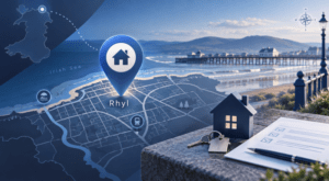 Mortgage Broker in Rhyl location map with coastal property, house keys and mortgage checklist.