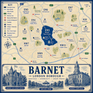 Mortgage Advisor in Barnet Illustrated blue and cream vintage-style map poster of the London Borough of Barnet, showing postcode areas including EN5 Barnet Town Centre and High Barnet, EN4 Cockfosters and Hadley Wood, EN6 Borehamwood, EN7 Barnet Vale, N20 Whetstone, N12 Friern Barnet, NW11 Golders Green, NW9 Colindale and Burnt Oak, and NW7 Mill Hill. The map includes major roads such as the A1, A5, A41, A406, A411 and A1000, railway and Underground lines, stations including High Barnet, New Barnet, Totteridge and Whetstone, Woodside Park, Hendon Central, Colindale and Mill Hill Broadway, plus parks and landmarks including Hadley Wood, King George’s Playing Fields, Highwoods Country Park, Oak Hill Park, Friary Park, Allianz Park, The Spires Shopping Centre, Barnet Hospital, Middlesex University London and Barnet College. A large title panel at the bottom reads “BARNET LONDON BOROUGH” with decorative illustrations of Barnet Old Court House, Oak Hill Park and Barnet Town Hall.
