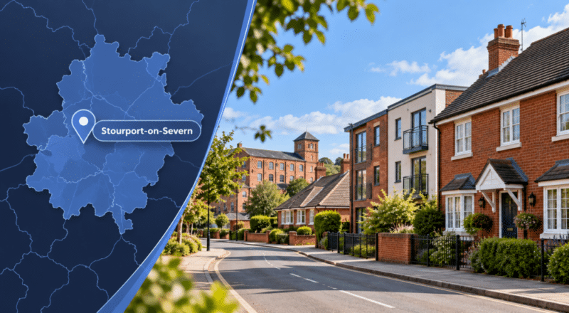 Mortgage Broker in Stourport-On-Severn hero image showing a Worcestershire location map with pin, varied residential properties and a subtle reference to the town’s historic canal-basin architecture.
