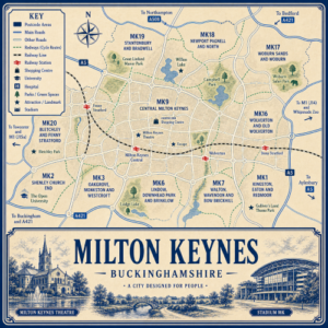 Mortgage Advisor in Milton Keynes Illustrated blue and cream vintage-style map poster of Milton Keynes, Buckinghamshire, showing postcode areas including MK9 Central Milton Keynes, MK1 Kingston, Eaton and Redmoor, MK2 Shenley Church End, MK3 Oakgrove, Monkston and Westcroft, MK6 Lindow, Downhead Park and Brinklow, MK7 Walton, Wavendon and Bow Brickhill, MK16 Wolverton and Old Wolverton, MK17 Woburn Sands and Woburn, MK18 Newport Pagnell and North, MK19 Stantonbury and Bradwell, and MK20 Bletchley and Fenny Stratford. The map includes major roads such as the A5, A421 and A508, railway lines, Milton Keynes Central, Wolverton, Stony Stratford and Fenny Stratford stations, redways cycle routes, lakes, parks and attractions including Willen Lake, Campbell Park, Bletchley Park, The Open University, centre:mk, Milton Keynes Theatre, Xscape, Gulliver’s Land, Woburn Safari Park and Stadium MK. A large title panel at the bottom reads “MILTON KEYNES BUCKINGHAMSHIRE” with decorative illustrations of Milton Keynes Theatre, parkland and Stadium MK.