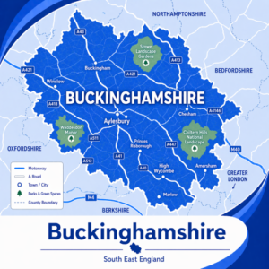 Mortgage Broker in Buckinghamshire A square, blue-themed county map of Buckinghamshire in South East England, styled with curved branded borders. The map highlights major towns including Aylesbury, High Wycombe, Amersham, Chesham, Buckingham, Winslow, Princes Risborough, and Marlow. Key roads such as the M40, M4, A41, A40, A421, A413, and A418 are labelled. Surrounding counties including Oxfordshire, Northamptonshire, Bedfordshire, Berkshire, and Greater London are marked around the edges. Green spaces such as the Chiltern Hills National Landscape, Stowe Landscape Gardens, and Waddesdon Manor are shown in green. The design uses layered blue tones with white text and clean boundary lines for clarity.