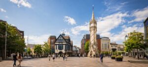 Leicester Clock Tower in a sunny city centre square for mortgage broker in Leicester page