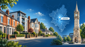 Mortgage Broker in Leicester hero image showing Leicester Clock Tower, a Leicester map pin, and a street scene with terraced homes, flats and bungalows.