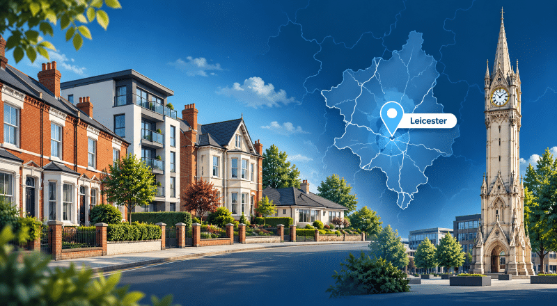 Mortgage Broker in Leicester hero image showing Leicester Clock Tower, a Leicester map pin, and a street scene with terraced homes, flats and bungalows.