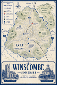 Mortgage Broker in Winscombe Illustrated blue and cream vintage-style map poster of Winscombe, Somerset, showing the BS25 Winscombe area with local roads, footpaths, green spaces, and nearby directions to Cheddar, Bristol, Weston-super-Mare, Axbridge, Sandford and Churchill. The map highlights the Mendip Hills National Landscape, Crook Peak, Herons Wood, Puxton Park, Sandford Hill, Winscombe Recreation Ground, Winscombe High Street, Winscombe Community Centre and Library, Winscombe Cricket Club, Winscombe Church of England Primary School, and St James’ Church. A large title panel at the bottom reads “WINSCOMBE SOMERSET” with decorative illustrations of St James’ Church and The Market Place.