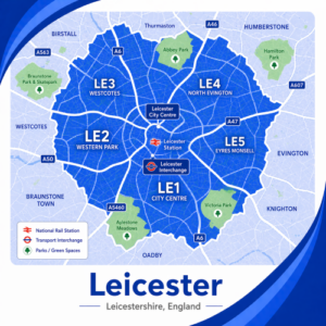 Mortgage Adviser in Leicester A square, blue-themed postcode map of Leicester in Leicestershire, styled with curved branded borders. The map highlights postcode areas LE1, LE2, LE3, LE4, and LE5. Major roads such as the A6, A47, A50, A46, and A563 are labelled. Leicester city centre is marked near the middle, with Leicester Station and Leicester Interchange indicated. Surrounding areas such as Westcotes, Evington, Knighton, and Oadby are labelled. Green spaces including Abbey Park, Victoria Park, Aylestone Meadows, and Hamilton Park are shown in green. The design uses layered blue tones with white text and clean boundary lines for clarity.
