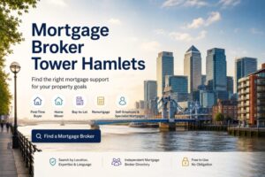 Mortgage Broker Tower Hamlets hero image showing a London riverside skyline with mortgage search icons for first-time buyers, home movers, buy-to-let, remortgage and self-employed clients.