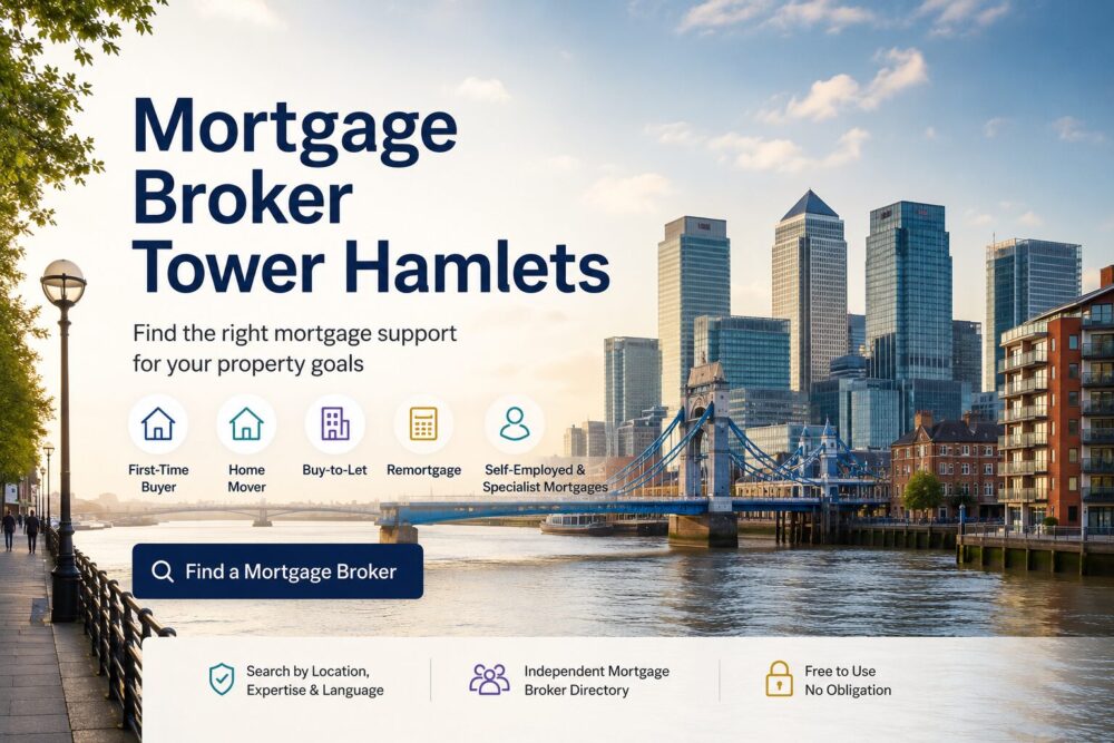 Mortgage Broker Tower Hamlets hero image showing a London riverside skyline with mortgage search icons for first-time buyers, home movers, buy-to-let, remortgage and self-employed clients.