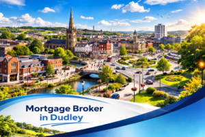 Bright summer aerial view of Dudley town centre featuring historic church spire, canal, green spaces and busy roundabout under a clear blue sky, with a white and blue curved banner at the bottom displaying the text “Mortgage Broker in Dudley”.