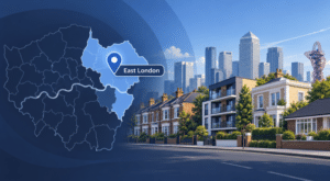 Mortgage Broker in East London hero image showing a map pin over East London, a highlighted London map, varied residential properties and the East London skyline in branded blue tones.