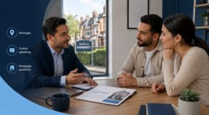 Turkish Mortgage Broker in Haringey meeting a couple to discuss home finance options in a modern office.