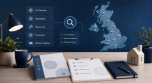 Hero image for How to Find a Mortgage Adviser in the UK, featuring a UK map with location pins, adviser search icons and mortgage advice documents.