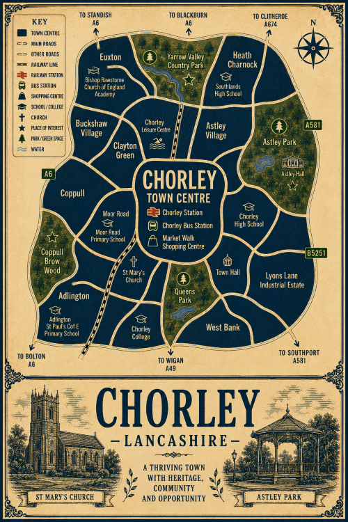 Mortgage Adviser in Chorley Vintage illustrated map poster of Chorley, Lancashire, with a cream parchment background and dark navy neighbourhood areas centred on Chorley Town Centre. The map shows labelled roads, railway line, Chorley Station, Chorley Bus Station, schools, churches, shopping areas, parks, green spaces and water features. Surrounding areas include Euxton, Buckshaw Village, Clayton Green, Coppull, Adlington, Heath Charnock, Astley Village, West Bank and Lyons Lane Industrial Estate. Key landmarks include Market Walk Shopping Centre, Chorley Town Hall, St Mary’s Church, Chorley College, Chorley High School, Astley Park, Astley Hall, Queens Park, Yarrow Valley Country Park and Coppull Brow Wood. A decorative lower panel reads “CHORLEY, LANCASHIRE” with engraved-style illustrations of St Mary’s Church and Astley Park, plus the subtitle “A thriving town with heritage, community and opportunity.”