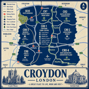Mortgage Adviser in Croydon Illustrated blue and cream vintage-style map poster of Croydon, London, showing postcode areas including CR0 Croydon Town Centre, CR2 South Croydon and Sanderstead, CR7 Thornton Heath and Broad Green, CR8 Purley and Kenley, SE25 South Norwood, and areas around Waddon, Addiscombe, Shirley, New Addington and Addington Village. The map includes major roads such as the A23, A232, A212, A222 and A236, railway lines, tram stops, East Croydon, West Croydon, South Croydon, Purley, Norwood Junction and Thornton Heath stations, plus green spaces including South Norwood Country Park, Lloyd Park, Wandle Park and Addington Hills. A large title panel at the bottom reads “CROYDON LONDON” with decorative illustrations of Croydon Minster and Fairfield Halls.