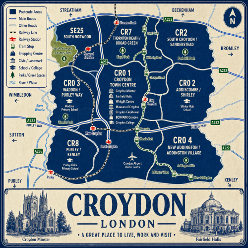 Mortgage Advisor in Croydon Illustrated blue and cream vintage-style map poster of Croydon, London, showing postcode areas including CR0 Croydon Town Centre, CR2 South Croydon and Sanderstead, CR7 Thornton Heath and Broad Green, CR8 Purley and Kenley, SE25 South Norwood, and areas around Waddon, Addiscombe, Shirley, New Addington and Addington Village. The map includes major roads such as the A23, A232, A212, A222 and A236, railway lines, tram stops, East Croydon, West Croydon, South Croydon, Purley, Norwood Junction and Thornton Heath stations, plus green spaces including South Norwood Country Park, Lloyd Park, Wandle Park and Addington Hills. A large title panel at the bottom reads “CROYDON LONDON” with decorative illustrations of Croydon Minster and Fairfield Halls.