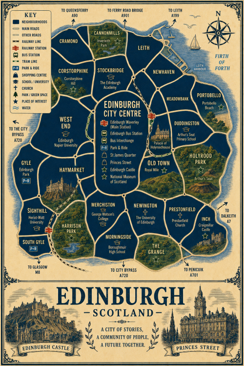 Mortgage Advisor in Edinburgh Vintage illustrated map poster of Edinburgh, Scotland, with a cream parchment background and dark navy neighbourhood areas centred on Edinburgh City Centre. The map shows labelled roads, railway lines, tram line, Edinburgh Waverley Station, bus station, bus interchange, park and ride, shopping areas, universities, churches, parks, green spaces and the Firth of Forth coastline. Surrounding areas include Leith, Newhaven, Portobello, Duddingston, Old Town, Newington, Morningside, Haymarket, West End, Stockbridge, Cramond and Corstorphine. Key landmarks include Edinburgh Castle, Princes Street, St James Quarter, the Royal Mile, Palace of Holyroodhouse, National Museum of Scotland, Arthur’s Seat, Holyrood Park, Inverleith Park, Harrison Park and Craigmillar Castle. A decorative lower panel reads “EDINBURGH, SCOTLAND” with engraved-style illustrations of Edinburgh Castle and Princes Street, plus the subtitle “A city of stories, a community of people, a future together.”
