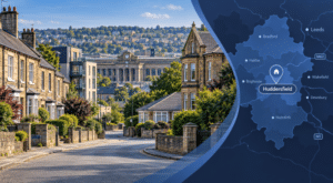 Mortgage Advisor in Huddersfield hero image showing a West Yorkshire residential street, Huddersfield landmark architecture and a location map with Huddersfield pin.