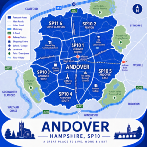 Mortgage Broker in Andover A square, blue-themed postcode map of Andover in Hampshire, styled with curved branded borders. The map highlights postcode areas SP10 and SP11, including subdivisions such as SP10 1, SP10 2, SP10 3, SP10 4, SP10 5, and SP11 6. Major roads such as the A303, A343, A3093, and the M3 (Junction 8) are labelled. Andover town centre is marked near the middle, with Andover Station and Andover East Station indicated. Key locations such as Chantry Centre, Test Valley Borough Council, St Mary’s Church, Andover College, and The Lights leisure centre are shown. Nearby areas including Upper Clatford, Goodworth Clatford, Weyhill, and Thruxton are labelled. Green spaces such as Anton Lakes Nature Reserve, Charlton Park, Anton Valley Country Park, and Picket Piece Playing Fields are shown in green, with the River Anton running through the area. The design uses layered blue tones with white text and clean boundary lines for clarity.