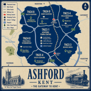 Mortgage Broker in Ashford, Kent Vintage illustrated map poster of Ashford, Kent, showing labelled postcode areas, main roads, railway lines, Ashford International station, parks, schools, shopping areas and local landmarks in a blue and cream heritage style. The design includes a legend, compass, surrounding town directions, and a large “Ashford Kent” title with illustrations of a church and train.