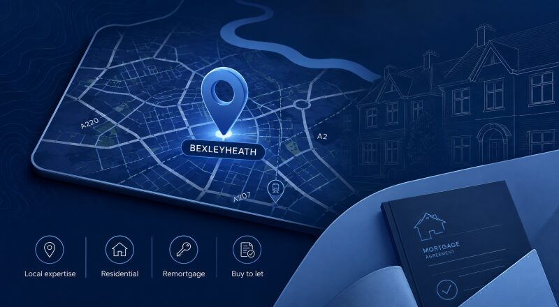 Mortgage Broker in Bexleyheath location map with property, mortgage and local expertise icons.