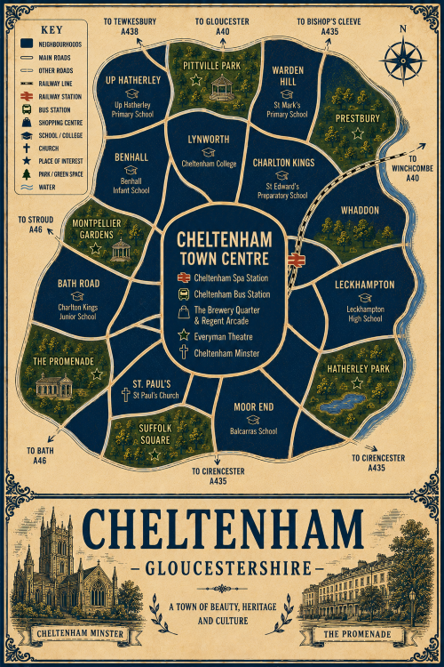 Mortgage Broker in Cheltenham Vintage illustrated map poster of Cheltenham, Gloucestershire, with a cream parchment background and dark navy neighbourhood areas centred on Cheltenham Town Centre. The map shows labelled roads, railway line, Cheltenham Spa Station, Cheltenham Bus Station, shopping areas, schools, churches, parks and green spaces. Surrounding areas include Pittville Park, Warden Hill, Prestbury, Charlton Kings, Whaddon, Leckhampton, Moor End, St Paul’s, Bath Road, Benhall, Lynworth and Up Hatherley. Key landmarks include Cheltenham Minster, Everyman Theatre, The Brewery Quarter and Regent Arcade, The Promenade, Montpellier Gardens, Suffolk Square, Hatherley Park and Pittville Park. A decorative lower panel reads “CHELTENHAM, GLOUCESTERSHIRE” with engraved-style illustrations of Cheltenham Minster and The Promenade, plus the subtitle “A town of beauty, heritage and culture.”