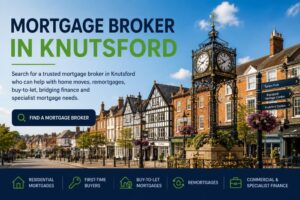 Mortgage Broker in Knutsford hero image with town centre clock, historic buildings and mortgage service icons