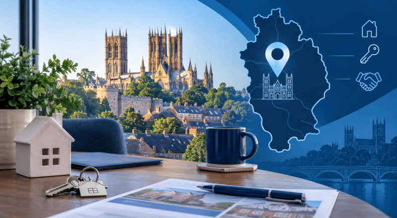 Mortgage Broker in Lincoln hero image showing a desk with house keys, property documents and a map-style Lincoln graphic beside Lincoln Cathedral.
