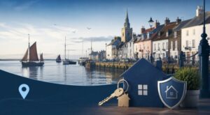 Mortgage Broker in Maldon represented by Maldon’s historic waterfront, traditional sailing barges, local homes, a house key and a protection shield.